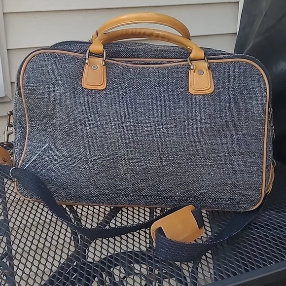 Cambridge Vintage Gray Tweed and Leather Carry-On Satchel Weekender Bag - Picture 3 of 11